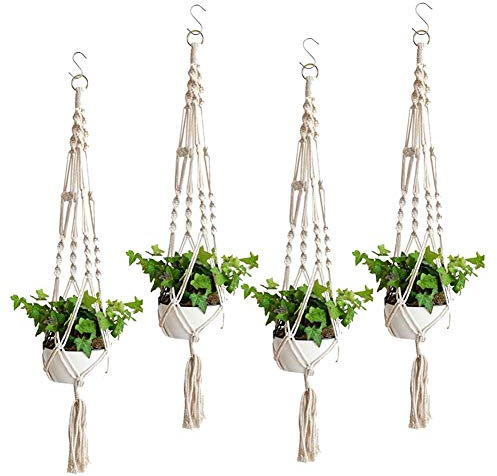 LongcMall Makramee Blumenampel, 4er Set Hängeampel Baumwollseil Blumentopf Hängen, 103cm Pflanzenhalter für Innen Außen Balkone Wand Dekoration - 4 Beine (4 Stück)