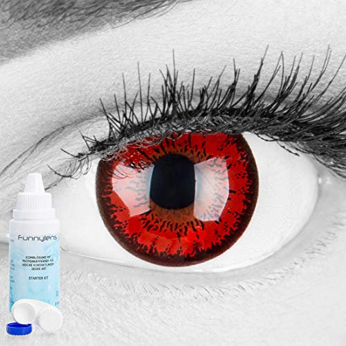 Rote Crazy Fun Kontaktlinsen 'Red Flower' ohne Stärke mit gratis Linsenbehälter + Kombilösung (60ml) - Topqualität zu Fasching, Karneval und Halloween
