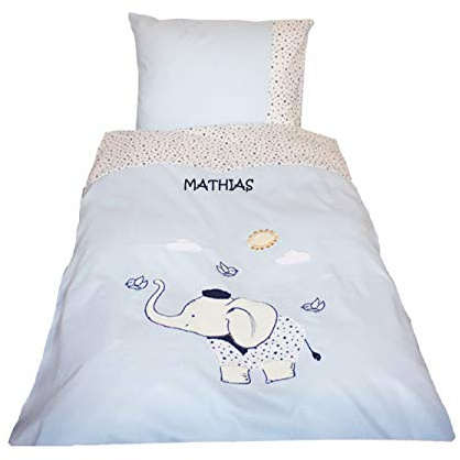 BABYBETTWÄSCHE MIT NAMEN, ELEFANT MIT HUT, HELLBLAU