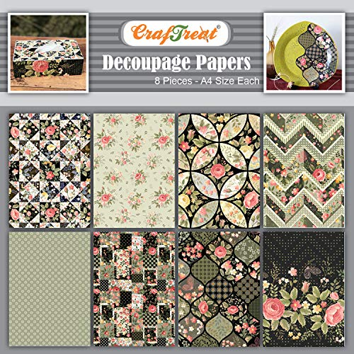 CrafTreat Blommosaik 1 och 2 decoupage papperspaket för gör-det-själv heminredning blandade medier hantverk, dekorativt tryckt decoupage-pappersset, konst- och hantverkstillbehör - A4 (8 st)
