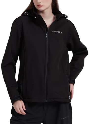 Acme Projects, kvinnor, fleecefodrad softshell-jacka med avtagbar huva, vattentät, andas, 8 000 mm/5 000 g, YKK-dragkedja