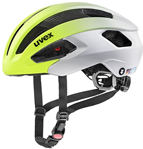 uvex rise cc Tocsen - säker performancehjälm för dam och herr - inkl. Tocsen kraschsensor - optimerad ventilation - neon yellow - silver matt - 56-59 cm
