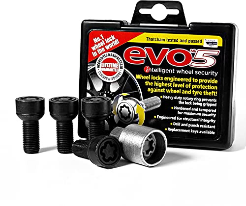 BITS4REASONS - NEW MODEL E TECH EVO5 COMPATIBLE WITH VW AUDI SEAT SKODA BENTLEY O/E QUALITY ANTI-THEFT LOCKING WHEEL BOLT SET (4 BOLTS AND KEY) -BLACK M14 X1.5
