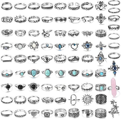 CASSIECA 82 Pcs Vintage Silver Knuckle Rings Set for Women Teen Girls Bohemian Stackable Joint Finger Rings Retro Stone Crystal Stacking Midi Rings Pack