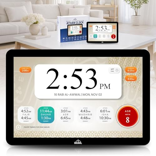 Masjidal 8 Smart WiFi Digital Azan Clock & Islamic Prayer Frame – Automatic Worldwide Prayer & Iqamah Times, Full Quran Player, Athan Alarm, Ramadan Clock, Touchscreen Muslim Home Display, Black