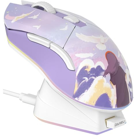 DAREU Ratón inalámbrico Gaming con Base de Carga Recargable RGB, 12 000 dpi, 6 Botones programables, Sensor de Alta precisión [300 IPS] [1000 Hz] para PC, portátil y Mac