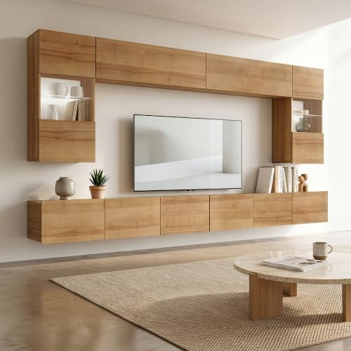 Lomadox Wohnwand Anbauwand Eiche Nb. 6-teilig Modern, mit 2 Hängevitrinen mit Beleuchtung, 2 Stauraumschränke, 2 TV-Lowboards