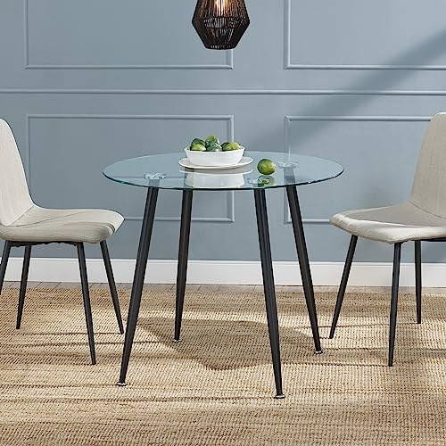 [en.casa] Mesa de Comedor Redonda Mesa de Cristal para Estudio Oficina Versátil Mesa de Cocina para 4 Personas con 4 Patas de Acero 75 x Ø 80 cm - Transparente y Negro