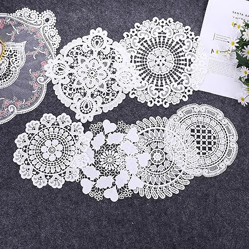 Wambere 6 Stück Spitze Rundes Besticktes Tischset,Spitzendeckchen Häkeldeckchen Tischdecke Häkeln Handgemacht Spitze Untersetzer Tischset Spitzendeckchen Tischdekoration,Gemischte Größe,Weiss