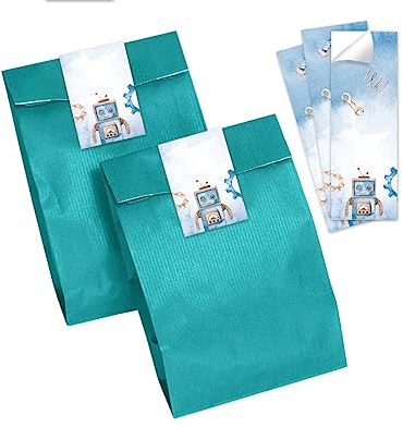 6 Geschenktüten (petrol) + 6 Aufkleber Roboter Geschenktüten für Mitgebsel Gastgeschenk einpacken beim Kindergeburtstag Jungensgeburtstag