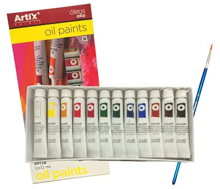 JYC CREATIVE Pinturas al Óleo 12 Colores con Pincel para Pintar Cuadros, Manualidades y Proyectos de Arte - Regalo Creativo