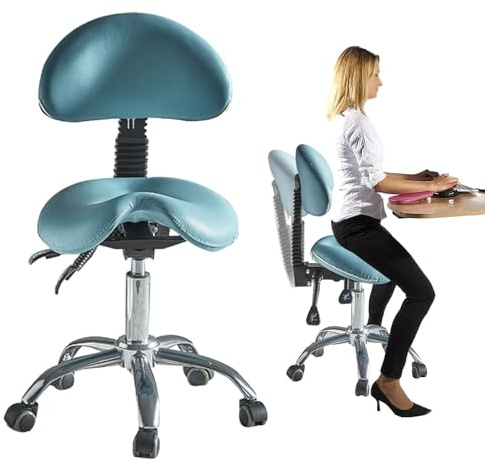 Sedia a Sella Nuovo Sgabello da Sella Regolabile Sedia da Salone con Rotelle Blu, Poltrona a Sella Idraulica per Dentista Igienista Estetista, Sgabello Ergonomico con Seduta a Sella e Schienale