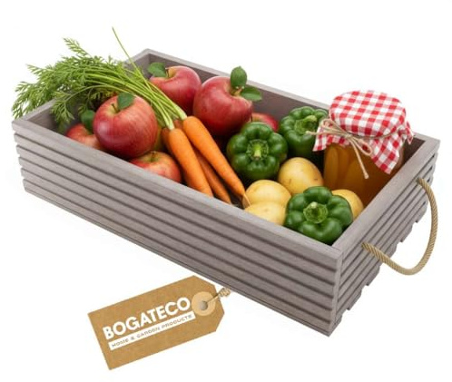 BOGATECO Holzkiste Natur 60x35x14,5 cm Groß Holzbox Deko Holzkisten Obstkiste Gemüsekiste Holzkiste zur Aufbewahrung Aufbewahrungsbox Kiste Holz Geschenk Deko Weinkiste GRAU