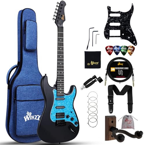 Winzz Erwachsene E-Gitarre 4/4 Größe, ST HSS Tonabnehmer, für Anfänger Starter Paket mit 12 Zubehör, Ideal Kinder E-Gitarre Kit 12+ Jahre (39 Matte Schwarz, Blau Schlagbrett)