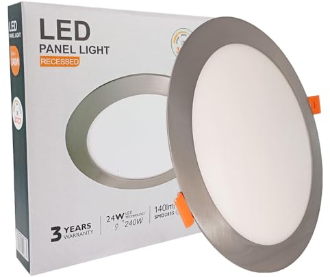 Downlight LED Circular Slim Acero inoxidable 24W, Placa Empotrable Redondo Techo Diamétro 22'5cms, 140 lm/W Gran Luminosidad, Tecnología CCT, Luz Blanca Seleccionable 2700K-4000K-5700K (24, Vatios)