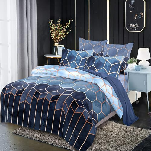Freyamy Bettwäsche 220x240 cm 3 Teilig Blau Kariert Marmor Wendebettwäsche Geometrische Modern Microfaser Bettbezug mit Reißverschluss und 2 Kissenbezug 80x80cm