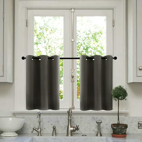 Beydodo Küchengardinen Kurz Fenster, Scheibengardinen Blickdicht 86x61CM Uni Vorhänge Dunkelgrau mit Ösen Bistrogardinen 2er Set Modern