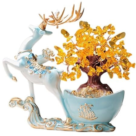 Money Tree Geldbaum aus goldenem Citrinkristall mit Hirschfiguren – Glücksbringer-Geschenk for Reichtum und positive Energie als Wohndeko, Feng-Shui-Skulptur eines Lebensbaums, Kristalldeko for den Sc