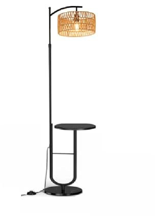 LuminexDesigns Floor Lamp with Shelf – Rattan Standing Lamp E27 in Black for Living Room and Bedroom, Adjustable Height 152~176CM Vintage Tall Pole Light Boho with Foot Switch (Excluding Light Bulbs