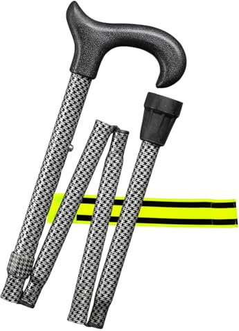 Gehstock Faltstock 4-teiliger höhenverstellbar faltbar Uni-Ergonomic „Pepita“ – aus Aluminium mit ergonomischem Derby-Griff + Olanmarp Klettarmband mit Streifen