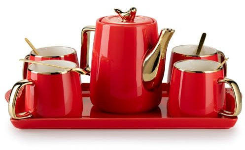 HowHomely Service à café en céramique pour 4 personnes - Moderne - Rouge - Avec théière, 4 tasses et plateau de service - Idéal pour le service à café, le service à thé ou d'autres boissons