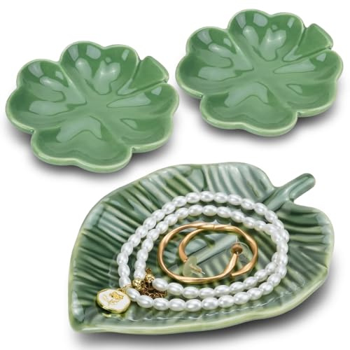 DIYJEP 3 Pieces Ceramic Leaf Trinket Dish, Decorative Jewelry Tray Plate, Small Ring Bowl Holder for Rings Earrings Jewellery Necklace Keys, Gifts for Women Her Mum, Birthday Christmas(Green)