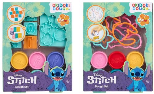 Disney Stitch Okidoki Dough – set för barnlera i 2 varianter – 6 färger siffror och stämplar eller figurformer – mjuk modelleringsmassa, återanvändbar, kreativ leksak för barn (ST60155)
