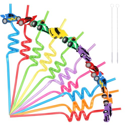 Meleager Cannucce Bambini, 10 Pezzi Auto Colorate Plastica, Straws Ricurve Riutilizzabili per Feste di Compleanno Bambini, Riunioni Famiglia
