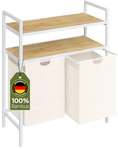 STEELSØN Rigil Wäschesammler mit 2 Fächern, 2x45L, Weiß, 2 Bambusablagen | Wäschekorb, Wäscheboxen, Metall Wäschesortierer, Wäschesäcke ausziehbar & herausnehmbar, Schmutzwäschebehälter, Wäschetrenner