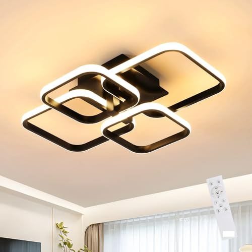 Goeco LED Deckenleuchte Dimmbar, 58CM 48W 5400LM Quadratische Deckenlampe LED 4 Fimmige mit Fernbedienung 3000K - 6500K, Wohnzimmerlampe Modern für Schlafzimmer,Küche Esszimmer, Schwarz