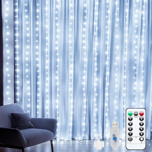 Buudala Luci Per Tende Natalizie 3m X 3m, 300 LED, Con 8 Modalità Telecomando, Timer, Luminosità Regolabile, Adatta Per Camera Da Letto, Giardino, Matrimoni, Luce Magica Per Tenda (Bianco Freddo)