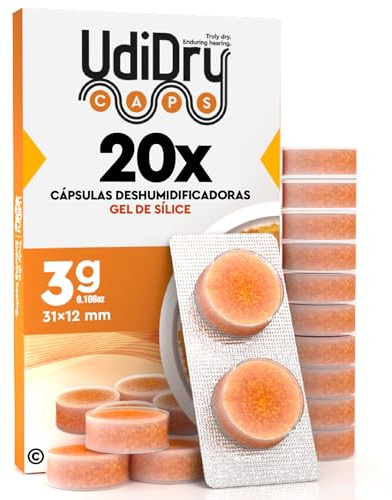 20 Capsule Deumidificanti per Apparecchi Acustici UdiDry Caps 3g 31mm con Gel di Silice di Alta Qualità - Capsule Essiccanti Anti Umidità con Indicatore di Colore per Asciugatura Protesi Acustiche