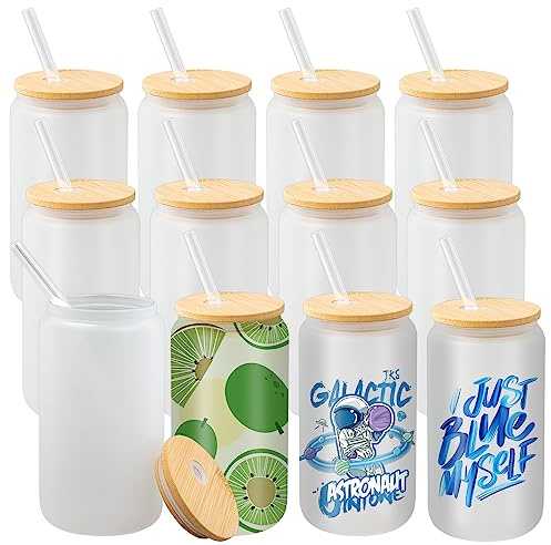 12 Stück Sublimations-Glasdosen, 470 ml, gefrostet mit Deckel und Strohhalm | Blanko-Trinkgläser zum Sublimieren, für Eiskaffee, Matcha, Saft, Soda und personalisierte DIY-Geschenke
