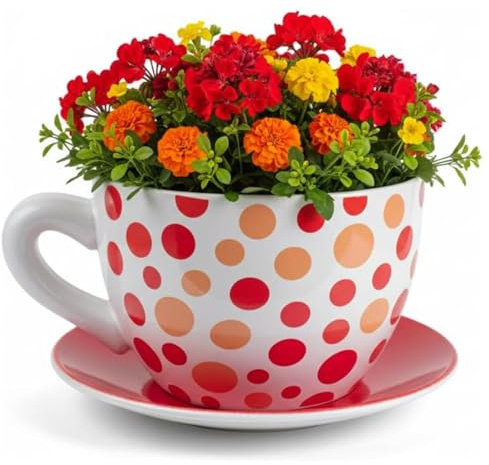 hadaaya 7.5 Round Ceramic Teacup Shape Planter Pot with Saucer for Succulents Orchids Herbs Cactus Indoor Houseplants Flowers, Gift for Mother's Day - Orange Polka Dot Planter