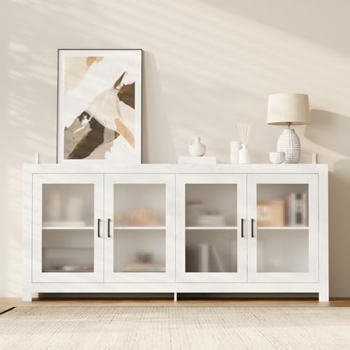 Caldion Graues Sideboard mit 4 Türen, transparente Tür, Küchenbuffet, Aufbewahrungsschrank, TV-Schrank, hoch, 180 x 40 x 88 cm, Griff aus schwarzem Metall, für Schlafzimmer, Wohnzimmer, Büro