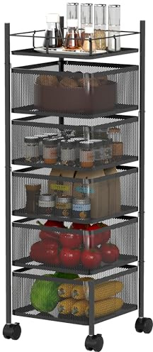 HOMCOM Küchenwagen Rollwagen mit 5 Ebenen Servierwagen mit drehbaren Körben, Griff, Küchenregal auf Rollen, Allzweckwagen Aufbewahrungswagen Küchenrollwagen für Küche Bad Büro Wohnzimmer Schwarz