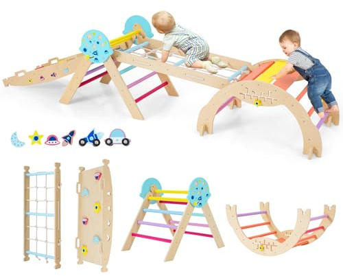 HOMASIS 4 in 1 Arrampicata per Bambini in Legno, Struttura da Scalata con Arco, Rampa, Corda e Scala, Palestra Giochi Educativa per Bambini da 3+ Anni (Colorato, Astronauta)