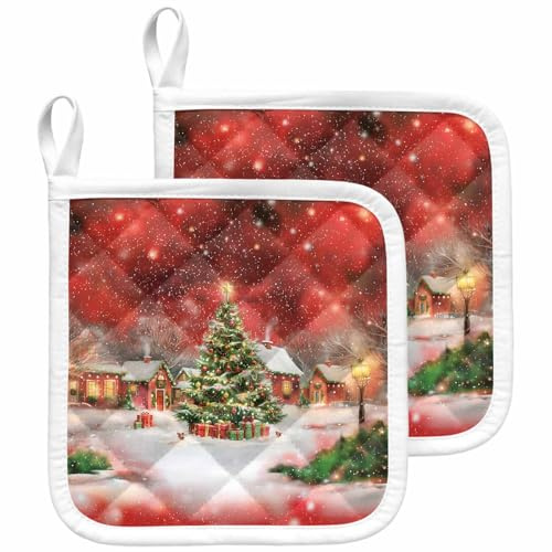 2 Pack Christmas Pot Holders for Kitchen, 8 x 8, Red View Christmas Tree Hut Light Golden Snowflakes Heat Resistant Hot Pads with Hanging Loop Potholder Set for Cooking Camping BBQ Baking