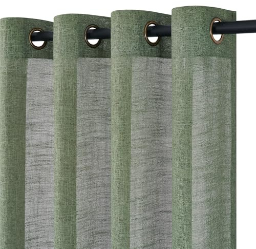 Topfinel Leinenoptik Vorhänge Gardinen mit Ösen Halbtransparent Wohnzimmer, Grün Leinen Vorhang 2er Set H 245 x B 140 cm, Weich und Dünn Leinenvorhang Linen Curtains für Schlafzimmer Lounge