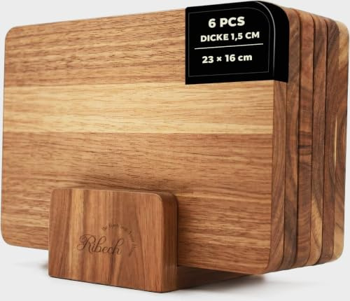 Ribech Juego de tablas de desayuno de madera de acacia de 6 piezas con soporte | Pequeñas tablas de desayuno de madera