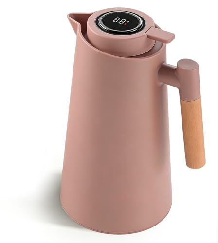 GOEDCH Termosflaska 1L: Kaffebrun vakuumkanna med temperaturdisplay, kaffekanna termisk med trähandtag, tetermos med temperaturdisplay, väl förseglad kaffekanna, för kaffe, te och mjölk