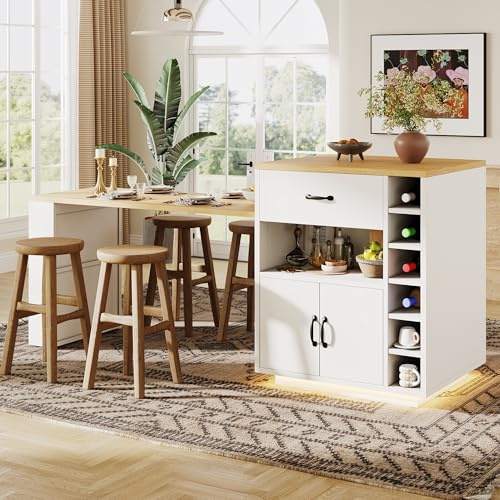Rosebibi Isola da cucina/armadietto da cucina/armadio da buffet/tavolo da bar con luce LED, carrello da portata fisso, con tavolo allungabile, 2 cassetti, 4 ante (bianco)