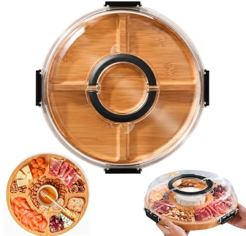 Servierplatte Rund aus Bambus mit Deckel, vielseitiges Servierbrett für Käse, Snacks und Antipasti, tragbar für Picknick und Küche, praktisches Küchenbrett mit Maßen 30 x 30 x 6,8 cm