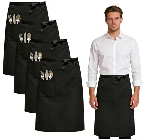 VUTYNKO Vorbinder Schürze 4 Stück, 70x70cm Kellnerschürze Verstellbare Lang | Kochschürze Damen Herren Kochschürze Vorbinder Halbe Arbeit Servierschürze Grillschürze Schwarz für Küche Restaurant Café