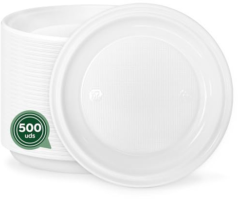 Maxi Products - 500 Platos Plástico Blancos Reutilizables - Ø20.5 cm - Platos Vajilla - Norma UNE-EN-12875-1 - Plato Redondo - Alta Resistencia - Celebraciones - APTO COMIDAS CALIENTES Y FRÍAS
