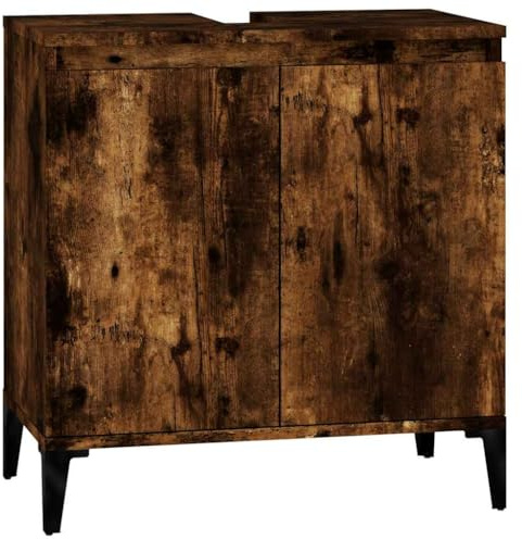 Ezbryzmatic Smoked Oak Wash Basin, 58 x 33 x 60 cm, Bathroom Cabinet Made of Chipboard with Doors, Sturdy Wooden Legs, Plenty of Storage for Your Bathroom with Acrylic Tray for with Soft-Close