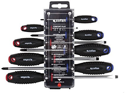 Cofan Jeu de 4 tournevis plats et 4 tournevis Phillips | Modèle Confort Plus | En étui spécial avec crochet
