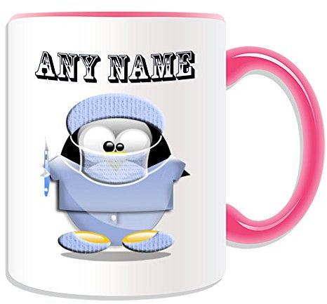Regalo personalizzato – chirurgo con bisturi Tazza (Pinguino in costume, motivo design, colori) – Qualsiasi nome/Messaggio sul tuo unico – Camice Medico Uniforme, Ceramica, Rosa