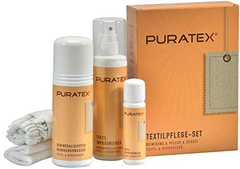 PURATEX Textil-Pflegeset. Für Stoffe auf Möbel und im Auto. Reiniger 50 ml, Imprägnierung 200 ml, Reinigungswasser 200 ml, Reinigungshandschuh, Reinigungstuch