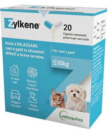 Zylkene Mangime Complementare | Gatti e Cani fino a 10 kg 75 mg | Promuove il rilassamento nelle situazioni di disagio nel breve termine: Rumori forti, Visite veterinarie | 20 capsule